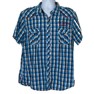 Arizona Jeans Shirt Mens Size XL Red Plaid Snap Up Long Sleeve